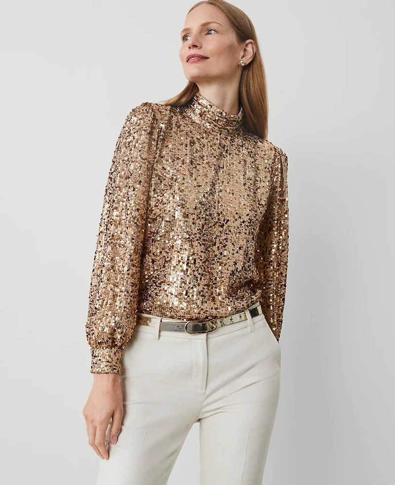 Ann Taylor Sequin Mock Neck Top Size Small Gold Women's