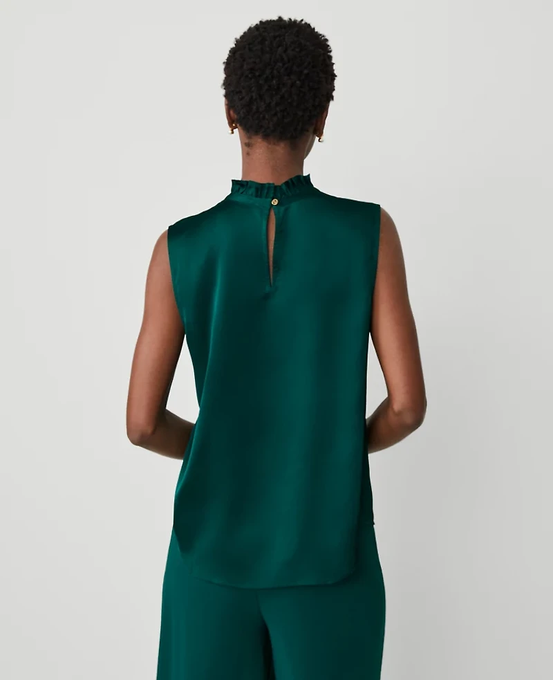 Ann Taylor Petite Satin Pintuck Ruffle Popover Top Size Medium Rainforest Women's