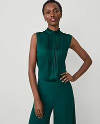 Ann Taylor Petite Satin Pintuck Ruffle Popover Top Size Medium Rainforest Women's