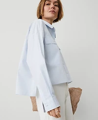 Ann Taylor Weekend Collection Striped Oversized Cropped Pocket Shirt Size XL Blue Quartz Women's