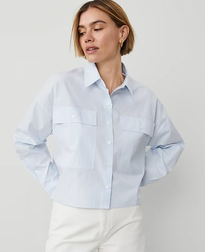 Ann Taylor Weekend Collection Striped Oversized Cropped Pocket Shirt Size XL Blue Quartz Women's