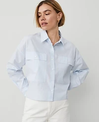 Ann Taylor Weekend Collection Striped Oversized Cropped Pocket Shirt Size XL Blue Quartz Women's