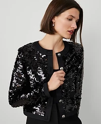 Ann Taylor Petite Sequin Crew-Neck Jacket Size 4 Black Women's