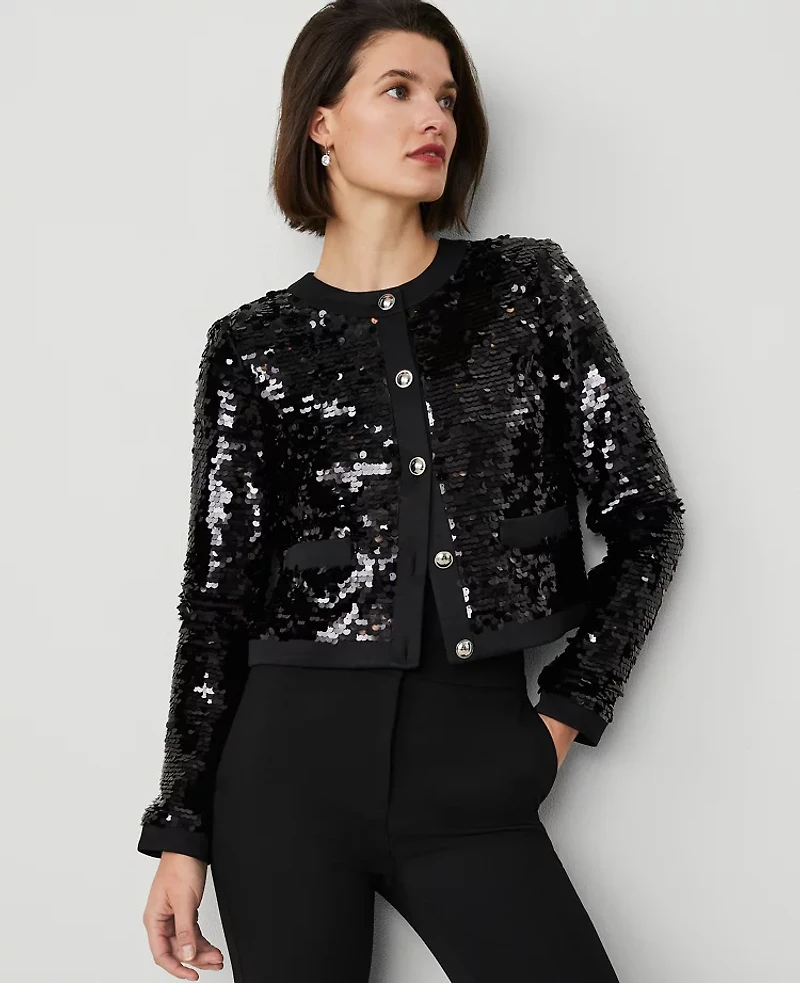 Ann Taylor Petite Sequin Crew-Neck Jacket Size 4 Black Women's