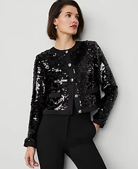 Ann Taylor Petite Sequin Crew-Neck Jacket Size 4 Black Women's