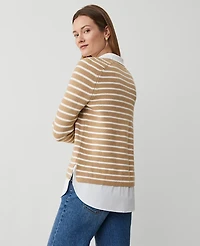Ann Taylor Striped Layered Mixed-Media Sweater Camel/White Combo Women's