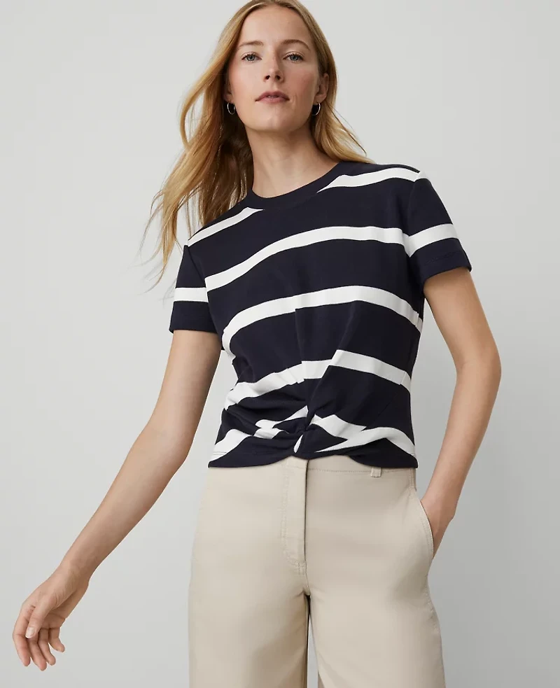 Ann Taylor Weekend Collection Striped Twist T-Shirt Size 2XS Night Sky Women's