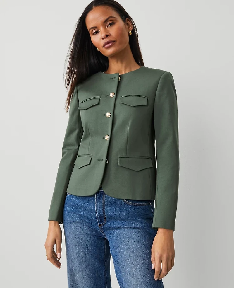 Ann Taylor Petite Ponte Crew Neck Jacket Dried Cilantro Women's