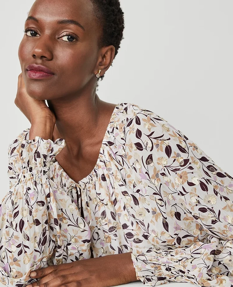 Ann Taylor Petite Floral Clip Split Neck Popover Top Size Small Winter Whtie Women's