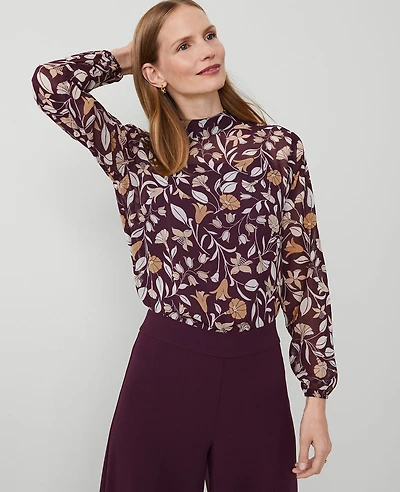 Ann Taylor Tall Floral Popover Top Bow Blouse Size Large Purple Moon Women's