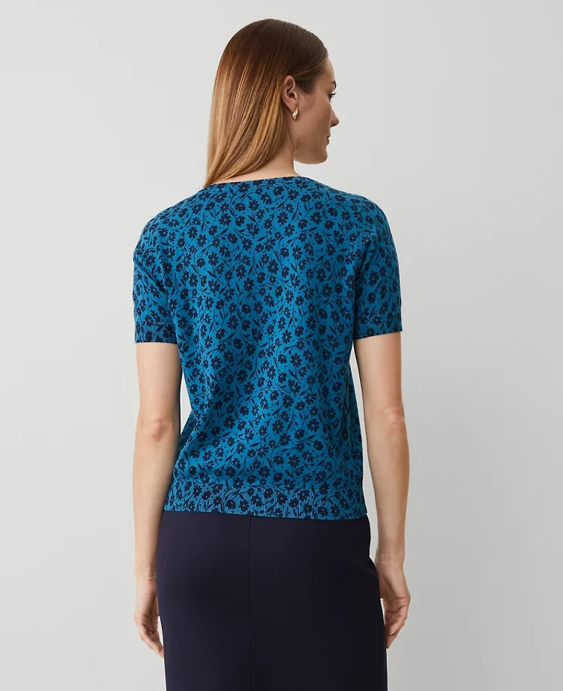 Ann Taylor Floral Sweater T-Shirt Size XL Gulf Blue Women's