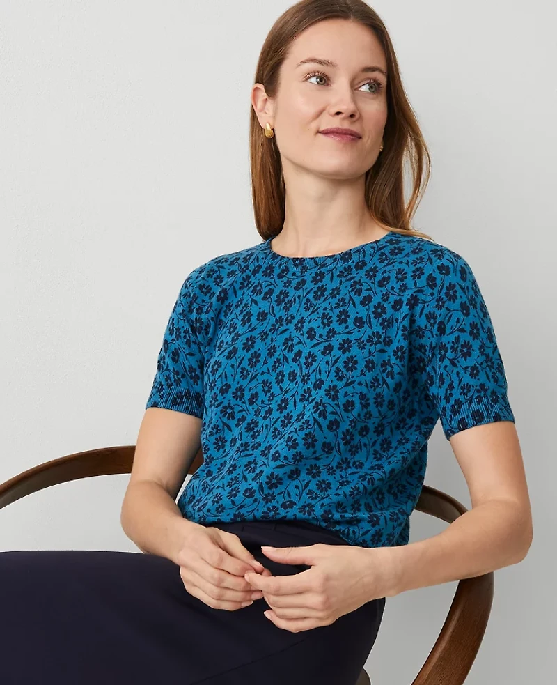 Ann Taylor Floral Sweater T-Shirt Size XL Gulf Blue Women's