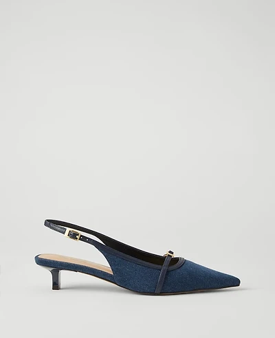 Ann Taylor Denim Buckle Kitten Heel Pumps Size 6 1/2 Dark Denim Blue Women's