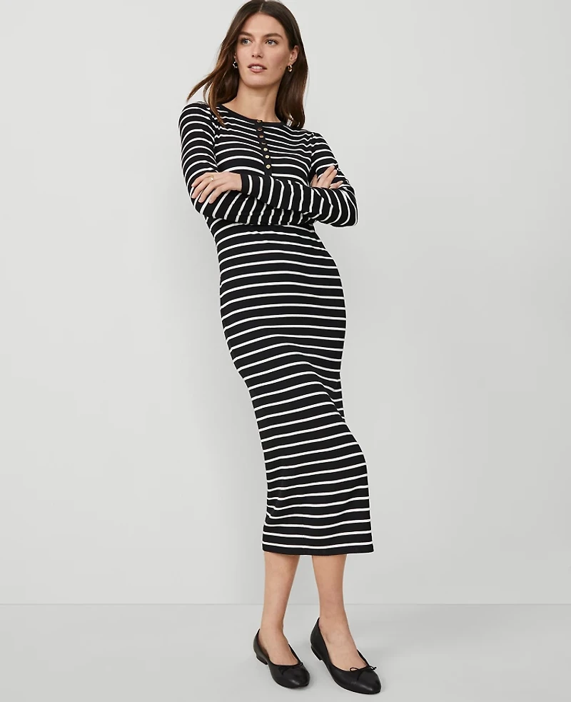 Ann Taylor Petite Weekend Collection Striped Henley Knit Column Dress Size XS Black Women's