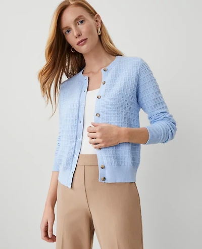 Ann Taylor Striped Textured Ann Cardigan Size Medium Freesia Blue Women's