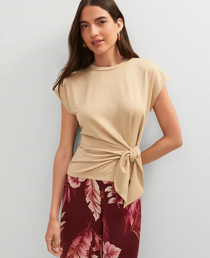 Ann Taylor Metallic Tie Waist T-Shirt Size Large Neutral Metallic Women's