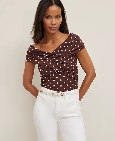 Ann Taylor Dotted Crisscross Off-The-Shoulder Top Size Medium Rich Walnut Women's