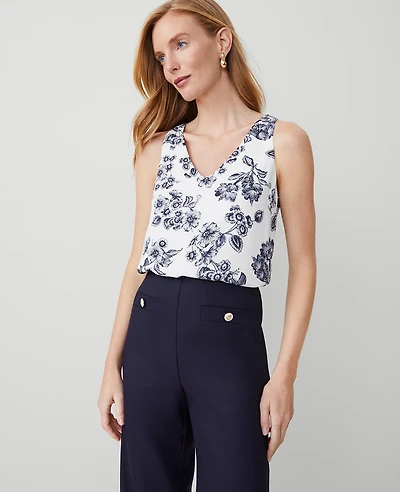 Ann Taylor Toile Mixed Media V-Neck Shell Top Size Large Night Sky Women's