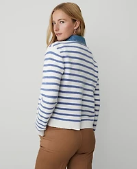 Ann Taylor Petite Weekend Collection Striped Denim Sweater Jacket Light Blue/White Combo Women's