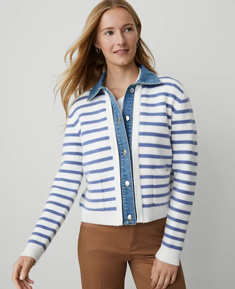 Ann Taylor Petite Weekend Collection Striped Denim Sweater Jacket Light Blue/White Combo Women's