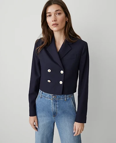 Ann Taylor Petite Cropped Double Breasted Blazer Night Sky Women's