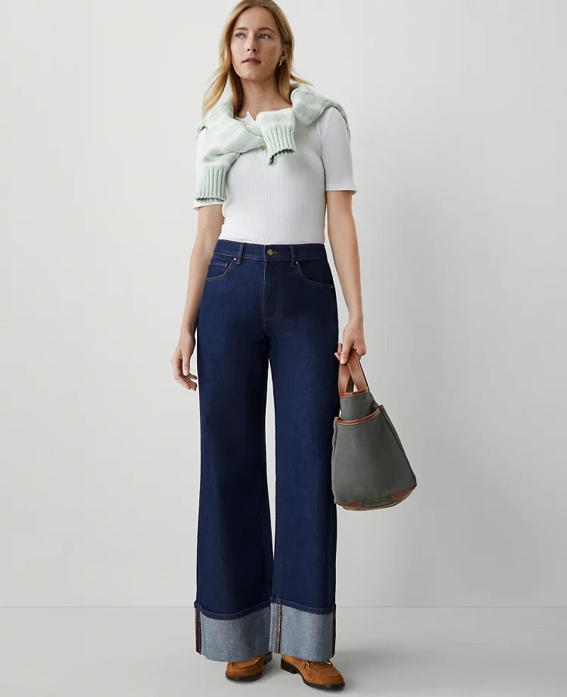 Ann Taylor The Petite Cuffed Palazzo Jean Size 8 Classic Rinse Wash Women's