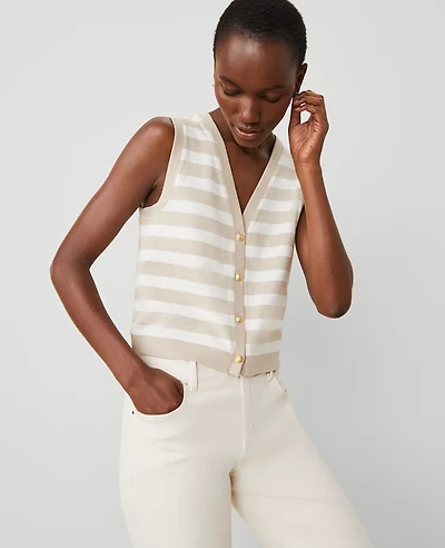 Ann Taylor Petite Striped V-Neck Vest Toasted Oat Women's