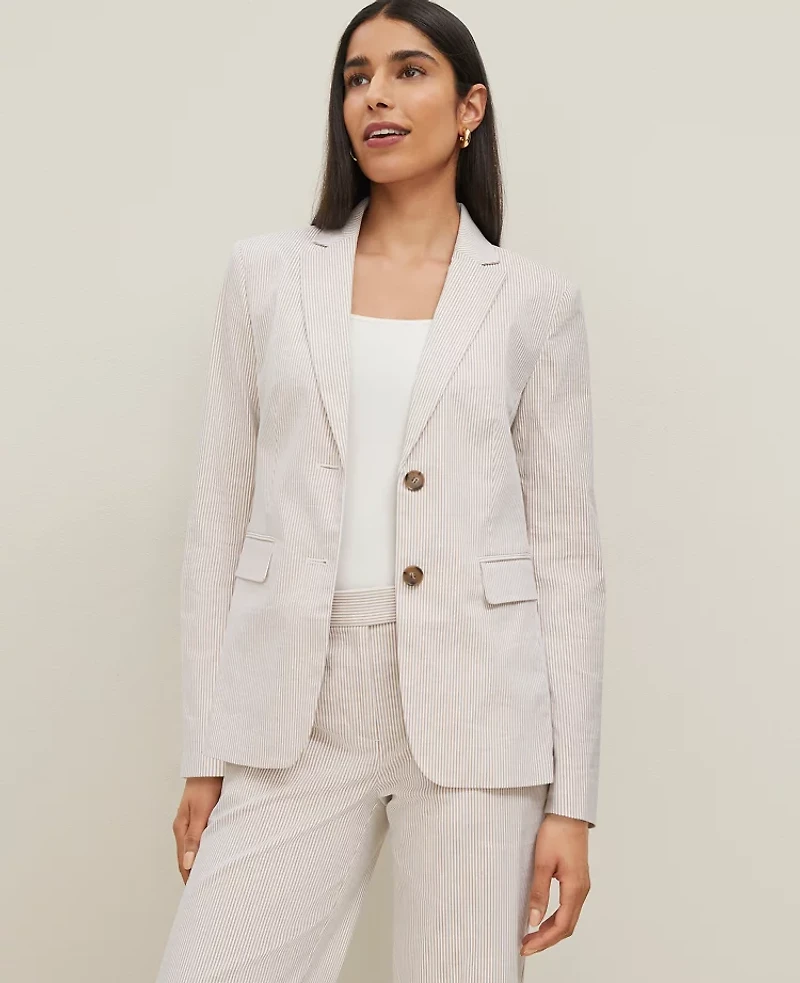 Ann Taylor The Long Notched Two Button Blazer Seersucker Cappuccino Tan Women's