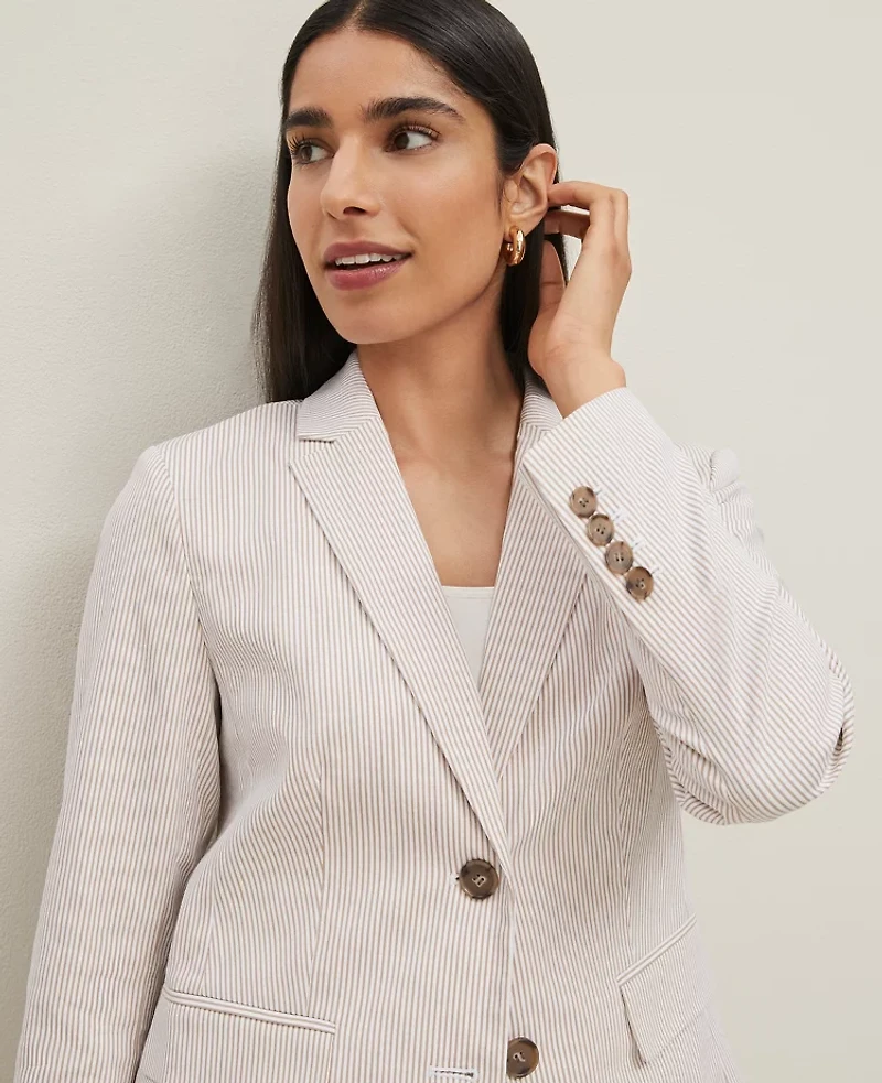 Ann Taylor The Long Notched Two Button Blazer Seersucker Cappuccino Tan Women's