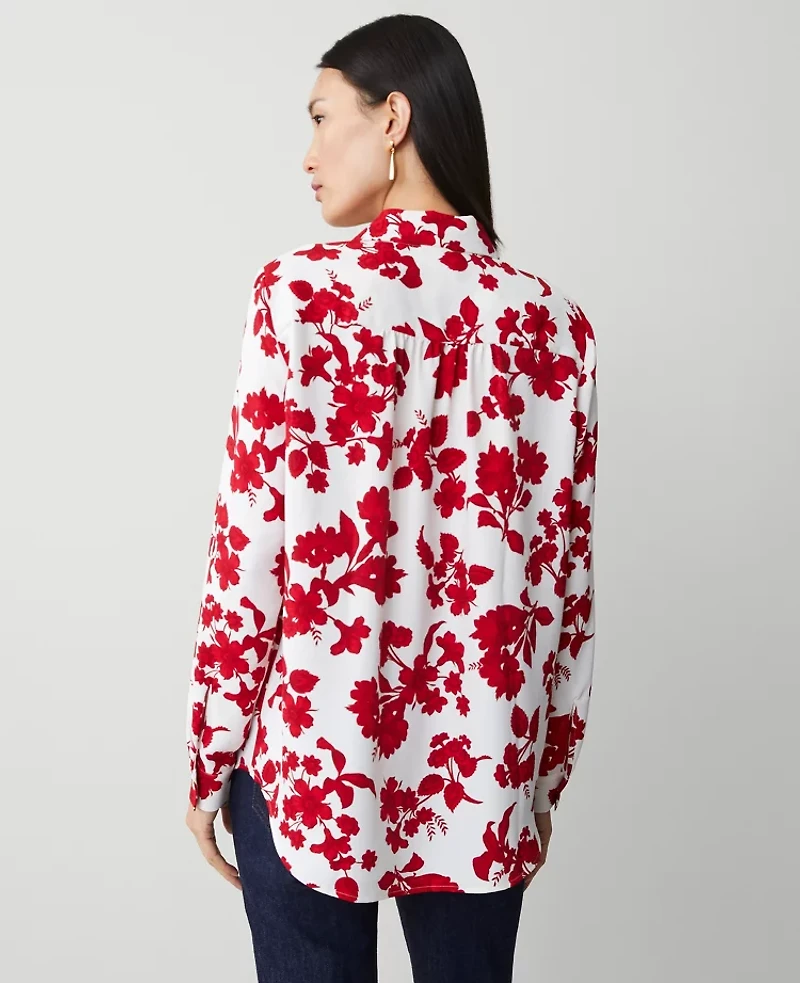 Ann Taylor Petite Tropical Silky Camp Shirt Size Medium Bright Cherry B Women's