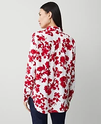 Ann Taylor Petite Tropical Silky Camp Shirt Size Medium Bright Cherry B Women's