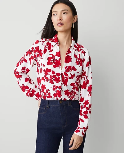 Ann Taylor Petite Tropical Silky Camp Shirt Size Medium Bright Cherry B Women's