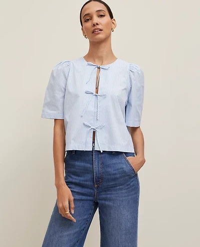 Ann Taylor Striped Triple Tie Blouse Size XL Light Blue Women's