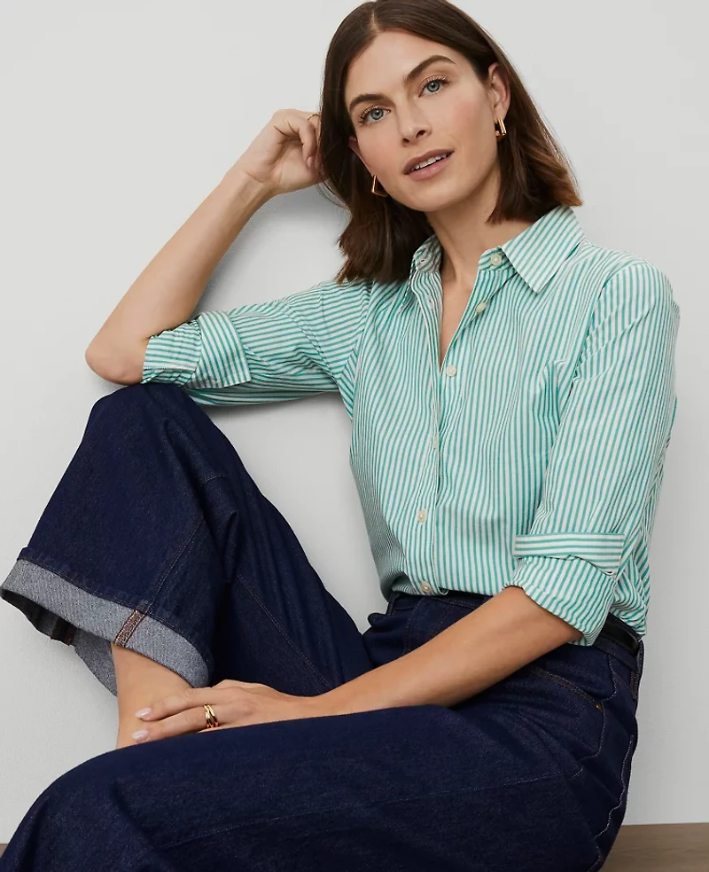 Ann Taylor Striped Relaxed Perfect Shirt Green Women's