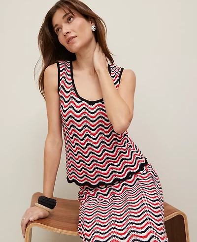 Ann Taylor Striped Crochet Sweater Shell Top Red/Black Multi Women's