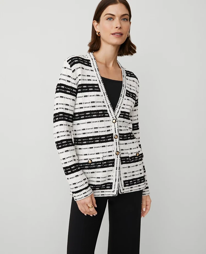 Ann Taylor Petite Striped Tweed Sweater Jacket White/Black Multi Women's