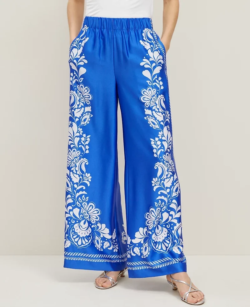 Ann Taylor The Easy Palazzo Pant Paisley Satin Power Blue Women's