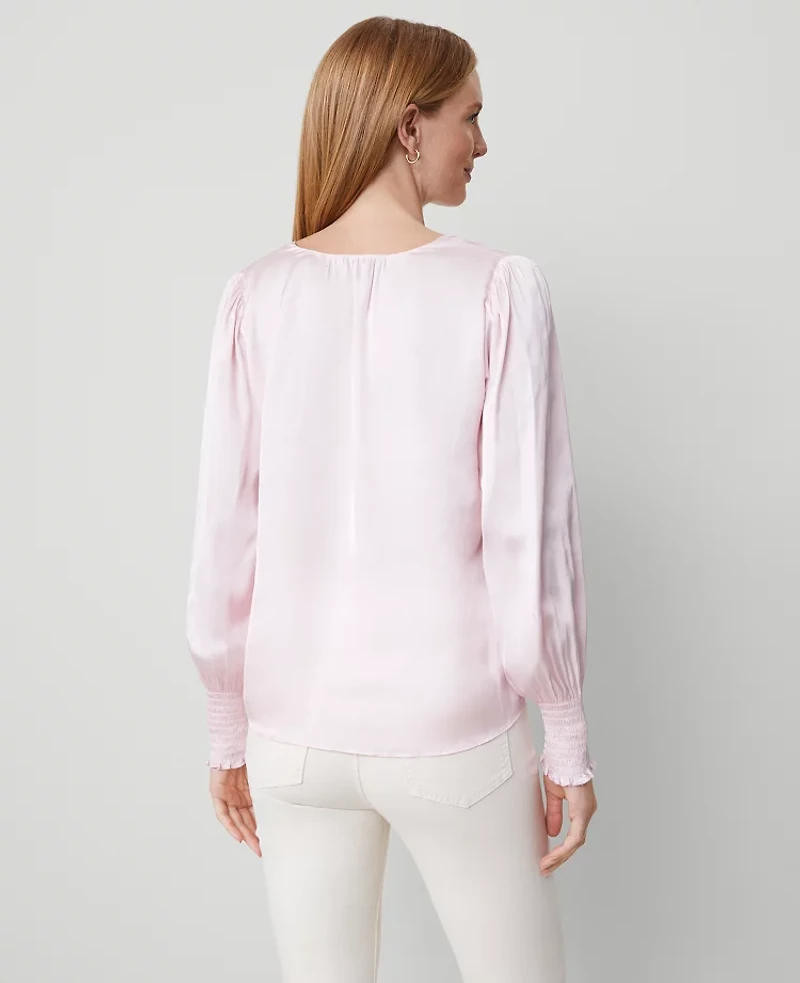 Ann Taylor Petite Smocked Ruffle Blouse Size Small Pink Ribbon Women's