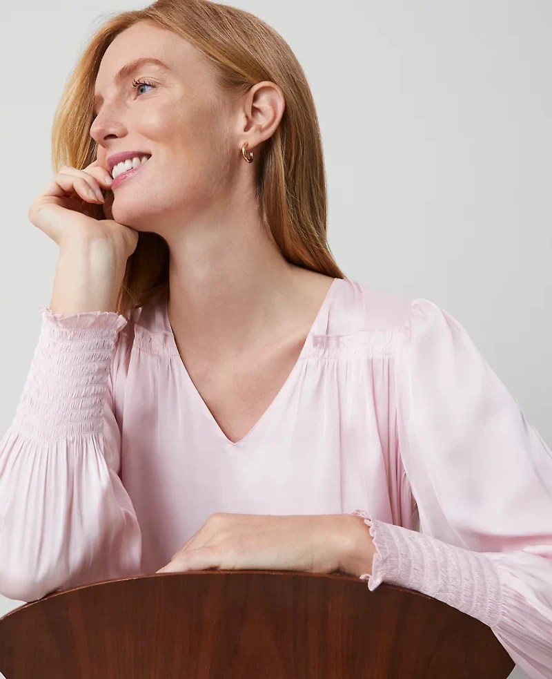 Ann Taylor Petite Smocked Ruffle Blouse Size Small Pink Ribbon Women's