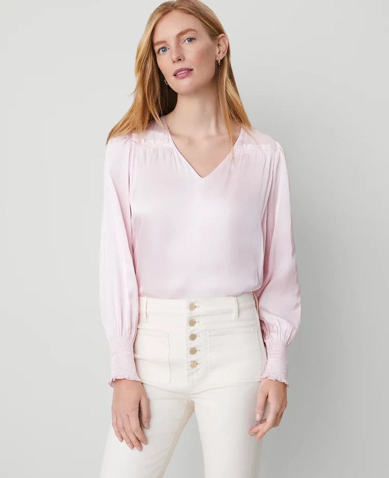 Ann Taylor Petite Smocked Ruffle Blouse Size Small Pink Ribbon Women's