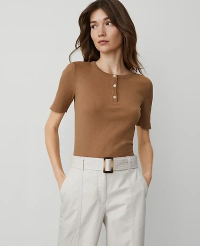 Ann Taylor Petite Weekend Collection Ribbed Henley Top 2XS Women's