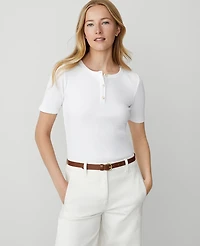 Ann Taylor Petite Weekend Collection Ribbed Henley Top White Women's