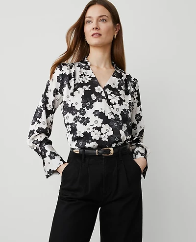 Ann Taylor Floral Satin Wrap Bodysuit Size XS Black Women's