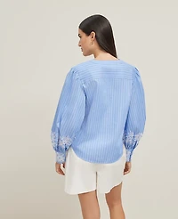 Ann Taylor Striped Embroidered V-Neck Popover Top Blue / White Women's