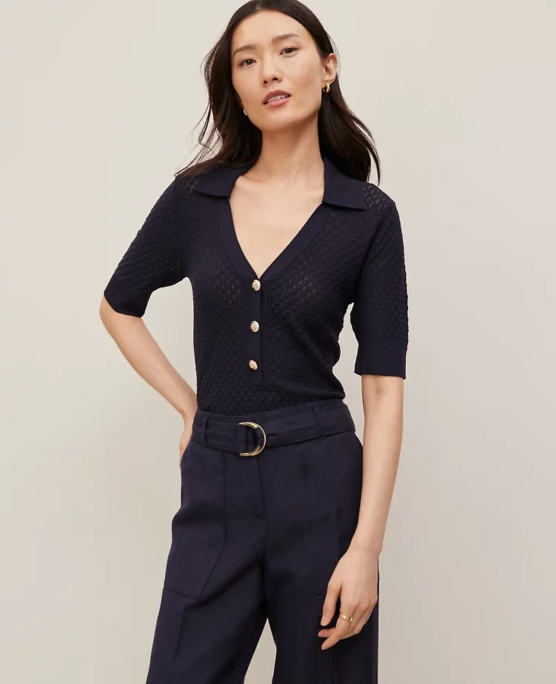 Ann Taylor Pointelle Polo Sweater Women's