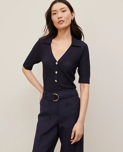 Ann Taylor Pointelle Polo Sweater Women's