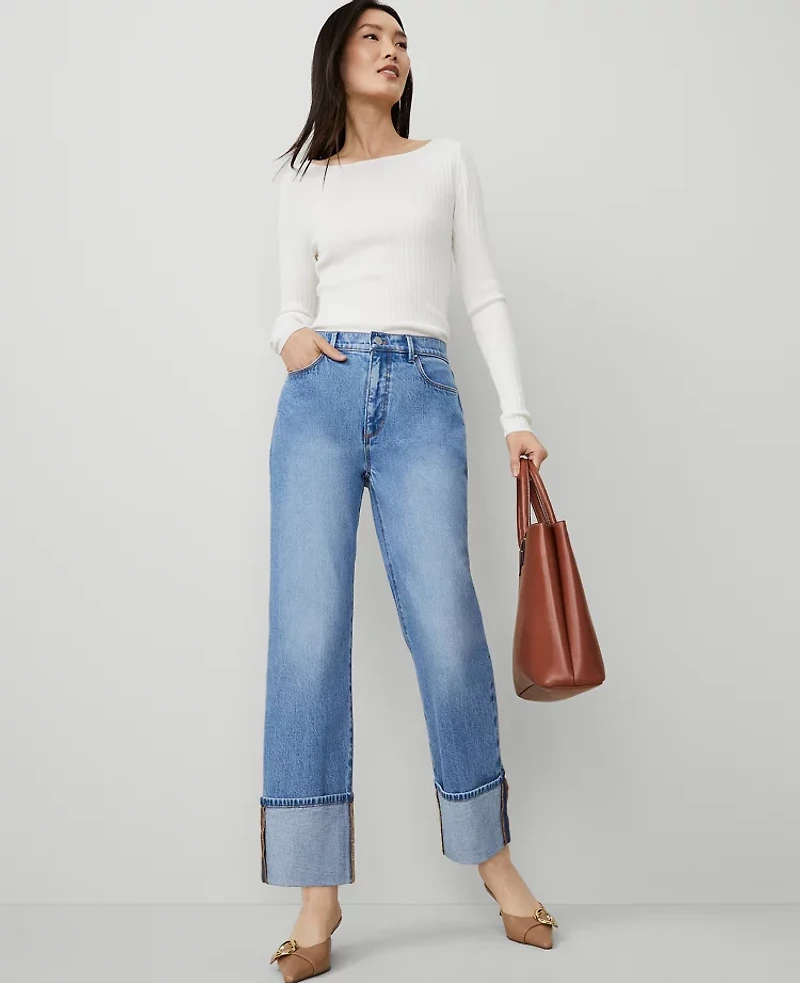 Ann Taylor The Petite Cuffed Straight Jean Light Wash Indigo Women's