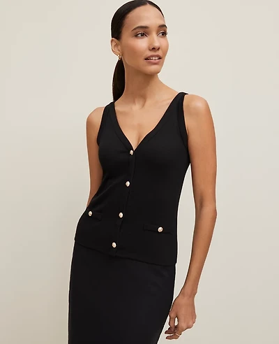 Ann Taylor Button V-Neck Tank Top Black Women's