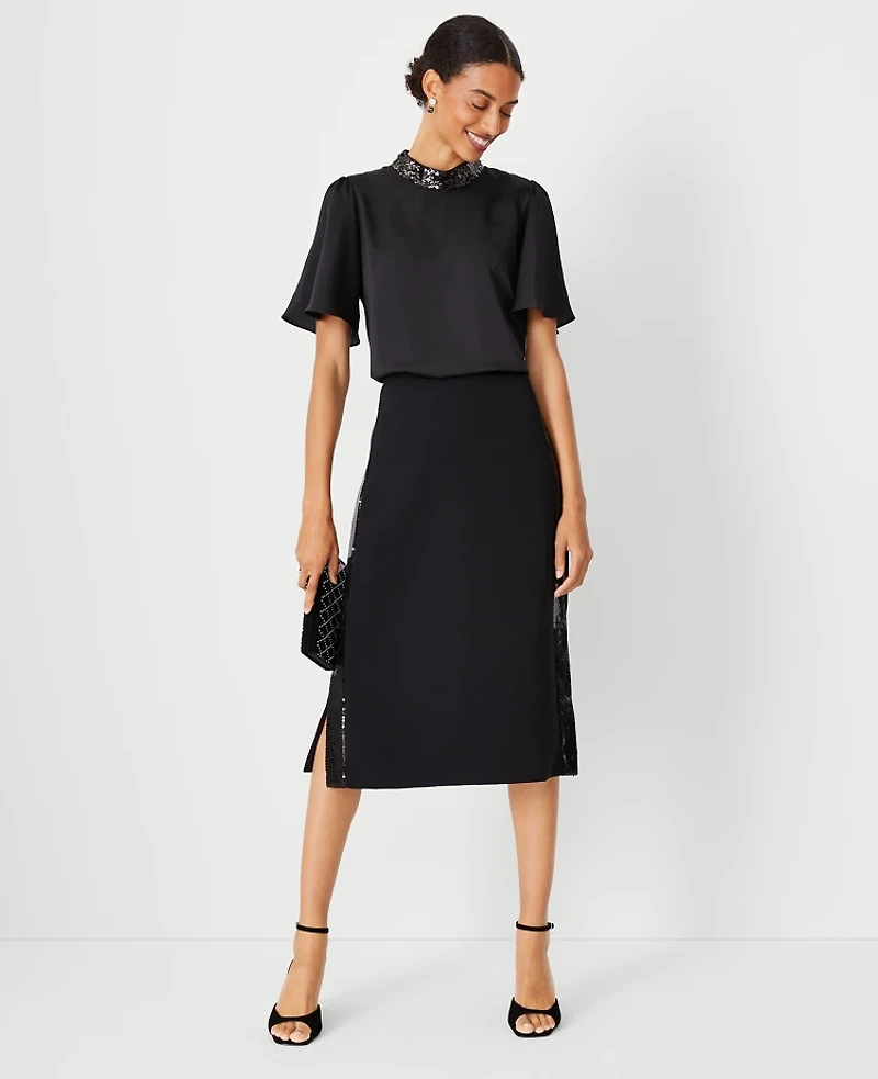 Ann Taylor Petite Sequin Paneled Side Slit Midi Skirt Size 00 Black Women's