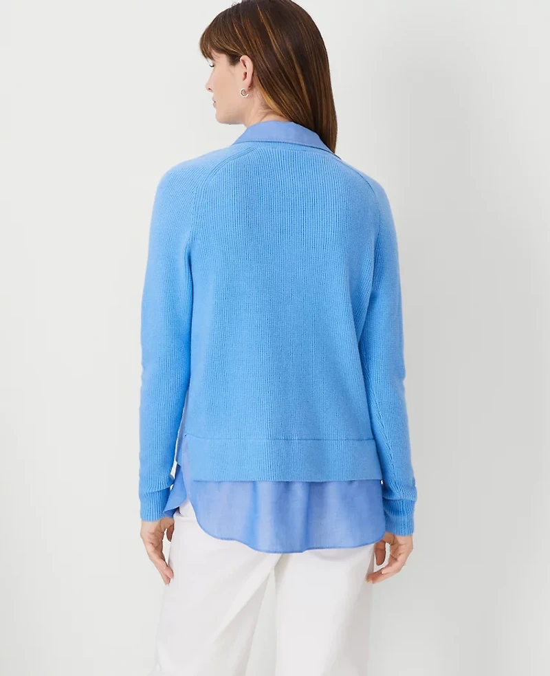 Ann Taylor Chambray Layered Mixed Media Sweater Blue Multi Women's